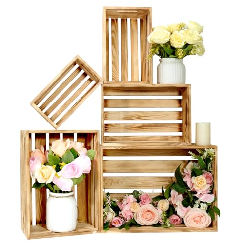 BOY MCOWBOY 5 Pcs Decorative Wood Crates for Display, 5 Size Large Farmhouse Wooden Basket for Storage Container and Decorations, Rustic Nesting Crates Decor Boxes with Handle