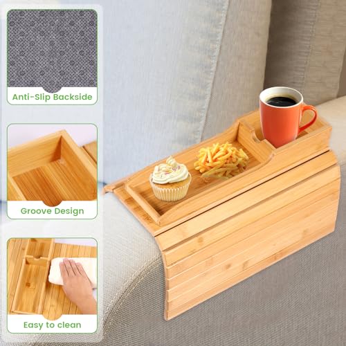 Foldable Sofa Arm Tray Table - Natural Pine Wood Side Table, Armrest Clip Tray, Waterproof Couch Organizer, Drink Snack Remote Control Holder (D) - Image 4