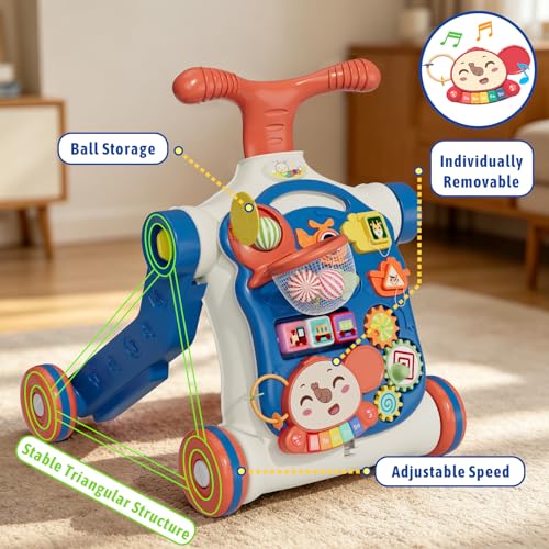 Image of QDRAGON 5 in 1 Push Walkers for Baby Boys, Toddler Learning to Walk, Sit to Stand Walker, Early Learning Push Toy for Infant 12+ Months, Navy Blue