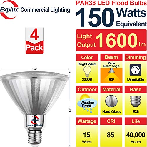 Explux 150W Equivalent Classic Full Glass LED PAR38 Flood Light Bulbs, High Lumen Series 1600 lm, 3000K 4-Pack, Dimmable, Outdoor Weatherproof, Bright White - Thumbnail 2