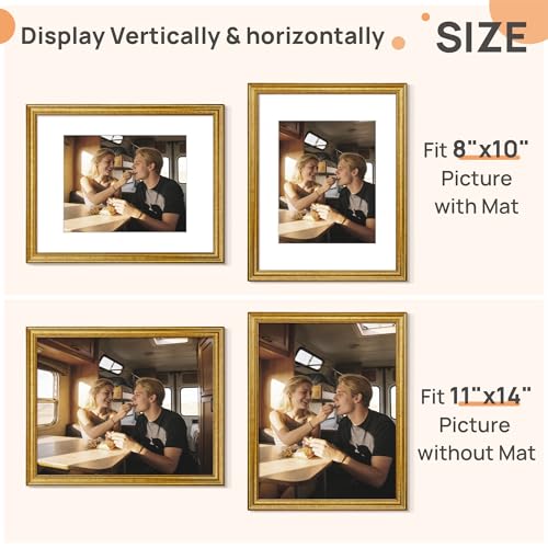 Image of upsimples Vintage 11x14 Picture Frame, Antique Gold Frame Displays 8x10 with Mat or 11 x 14 Without for Vertical or Horizontal Wall Decor, 1pack | Fit 8x10 and 11 x 14 Photo, Wall or Tabletop Display, Antique-style Decoration, Rustic Farmhouse Decor, For Weddings