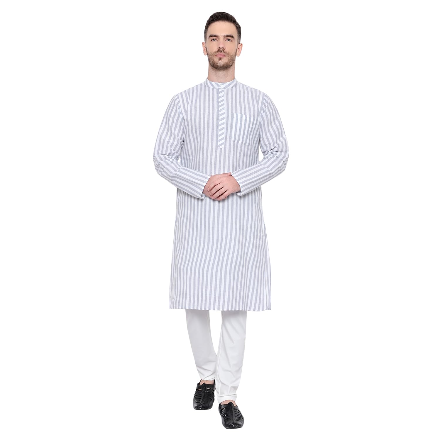 latest chikan Broad Striped Cotton Men's Long Kurtas-picture-39