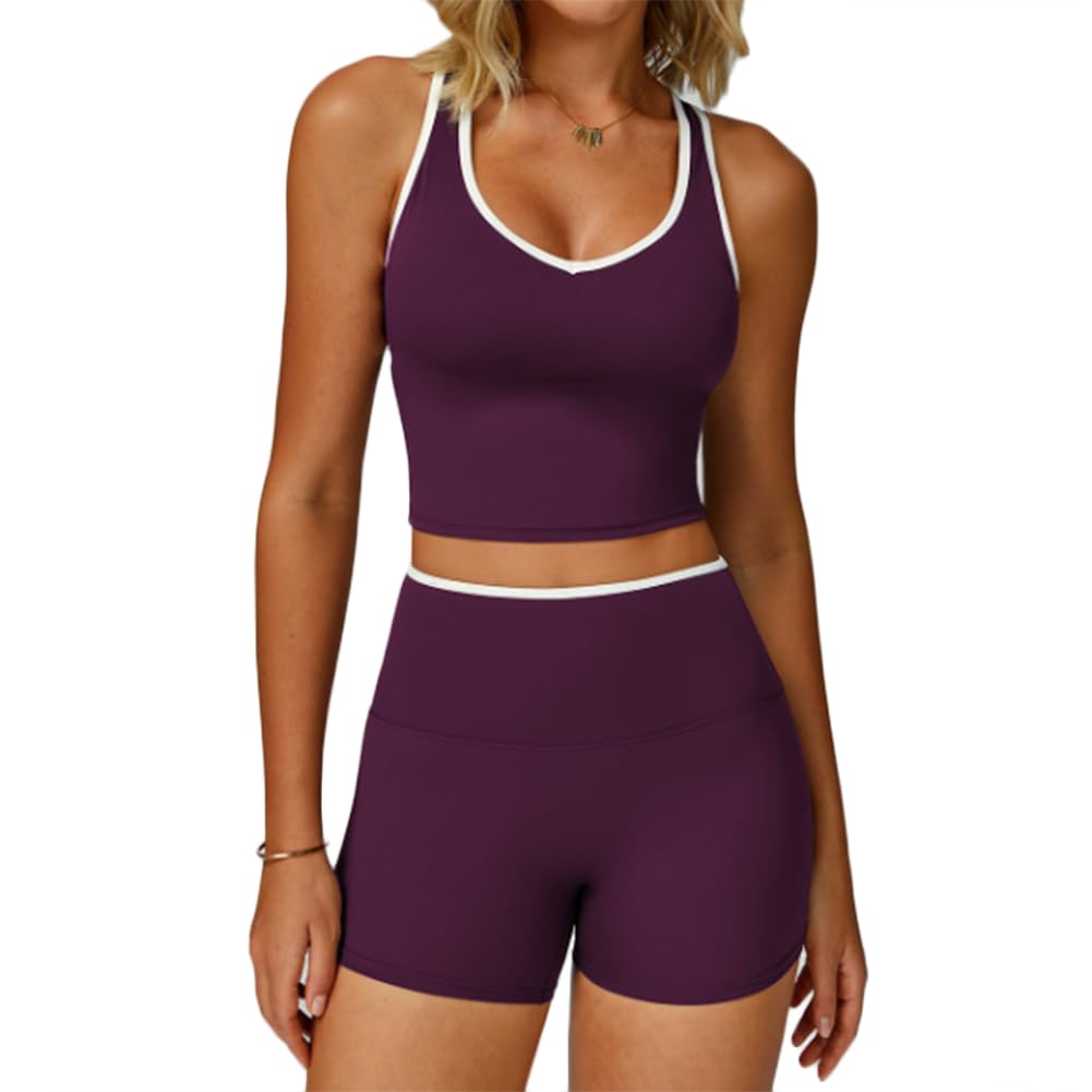 XYFfybhsd Women's 2 Piece Activewear Set Contrast Trim Sports Tank Top and High Waist Shorts Stretchy Seamless Yoga Outfits(Size:S,Color:Purple 2)