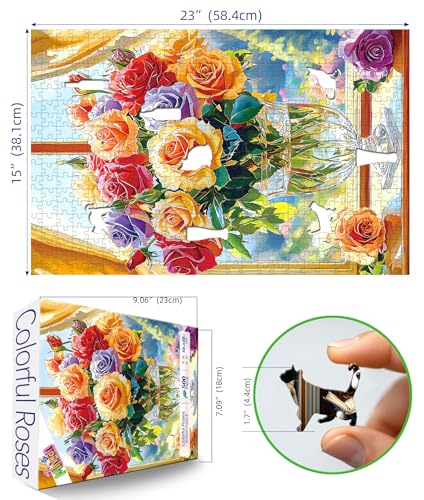 Image of MINIWAN 500-Piece Jigsaw Puzzle for Adults - Colorful Roses in Glass Vase, 23x15 Inch Challenging Puzzle, Floral Puzzle for Adults & Teens, Premium Thick Cardboard Pieces with Reference Poster