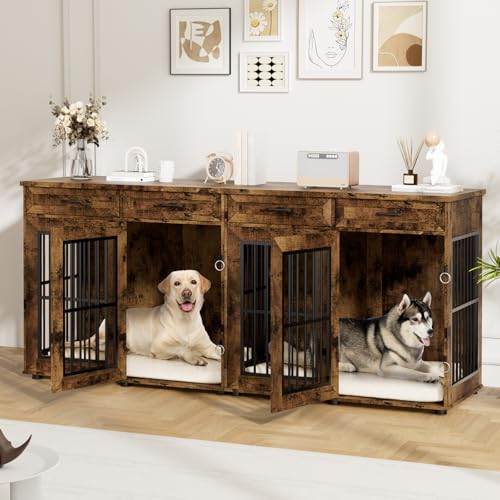 VOWNER 86.7 in Dog Crate Furniture for 2 Dogs, Extra Large Double Dog Cage Furniture TV Stand with Removable Divider, Wooden Dog Kennel Indoor, XXL Thick Dog Crate for Large Medium Dogs, Rustic Brown