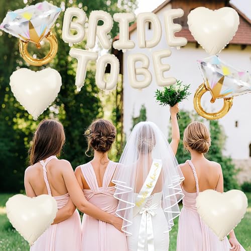 Image of Sand White Bachelorette Party Decorations, Cream White Bride To Be Banner Heart Balloons with Diamond Ring Foil Balloon, Bride To Be Sash&Veil for Bachelorette Engagement Bridal Shower Party Supplies