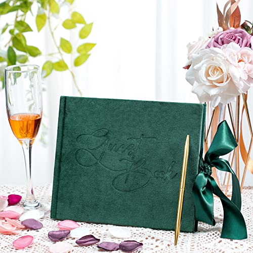 Image of Panelee Wedding Guest Book with Pen Green Velvet Reception 144 Page Sign in Book Wedding Memory Papers Elegant Guestbook for Bridal Shower Party Guest Visitor