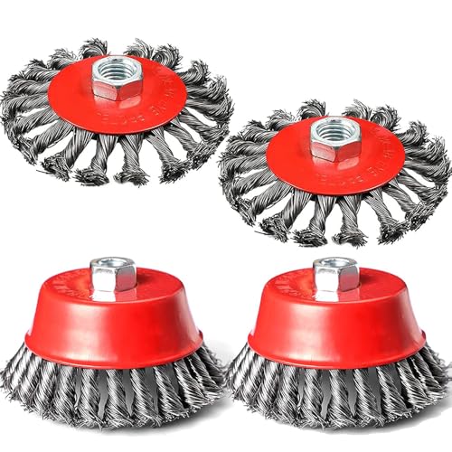 Wire Wheel Cup Brush Set for Grinder 4 Pack Wire Wheels for 4 1/2 Angle Grinder M14 Threaded Arbor-Coarse Crimped Twisted Knotted Cup Brush for Heavy Cleaning Rust Stripping