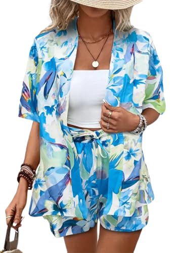 PANOZON Conjuntos de 2 Piezas para Vacaciones en Hawái para Mujer Camisas de Manga Corta con Estampado Tropical y Pantalones Cortos Playa Ropa de Resort,Azul XL