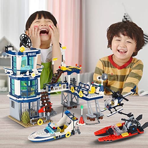 Image of City Police Station STEM Building Sets, Compatible with Lego Military Helicopter Airplane,Boats Ship, Swat Team,Building Kit for Kids, 565 PCS Best Gift for 6-10 Boys