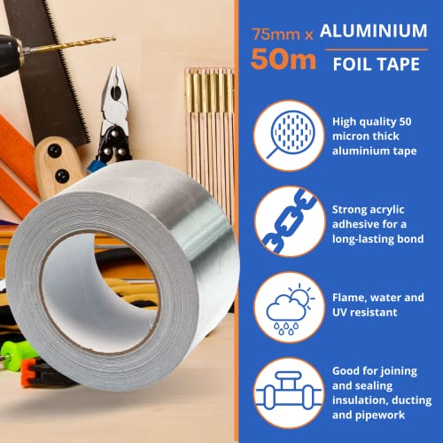 GOCABLETIES Breites Aluminium Klebeband, 75 mm x 50 m, selbstklebendes Alu Klebeband, silber, Wasser- und hitzebeständig Band zum Versiegeln, Reparieren und Isolieren, 2 Rollen