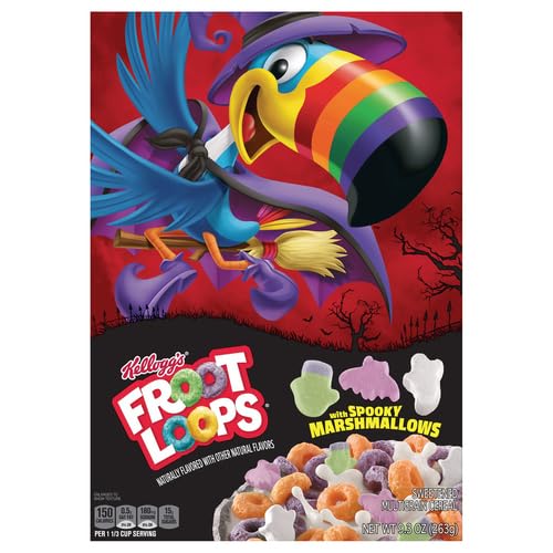 Kellogg's Froot Loops Breakfast Cereal, Kids Snacks, Halloween Snacks, Original with Spooky Marshmallows, 9.3oz Box (1 Box)