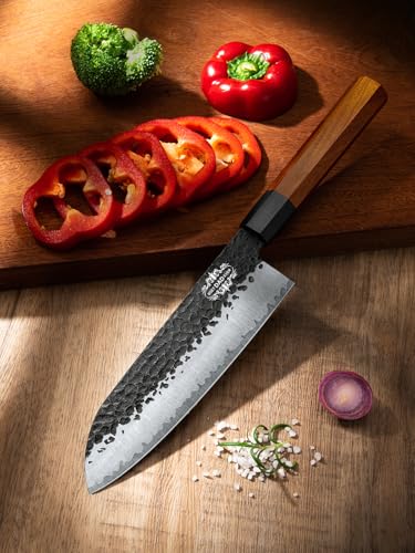 Image of Professional 7 inch Japanese Santoku Knife, Handcrafted 5 Layers 9CR18MOV High Carbon Steel Kitchen chef Knife with Ergonomic Rosewood Handle and Luxury Sandalwood Box (Personalized Design)