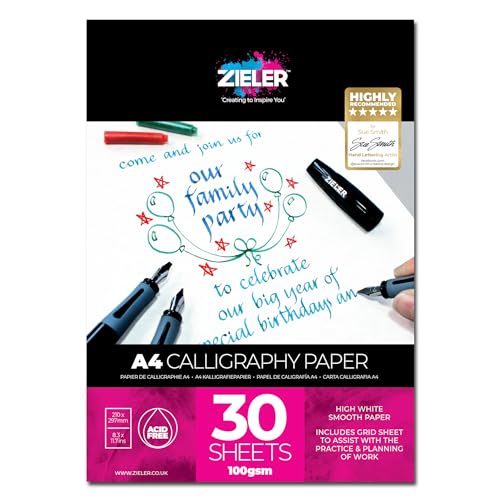 Calligraphy Pad | A4 | 100gsm | 30 Sheets of Smooth, High-White Paper - by Zieler | Includes Grid Sheet