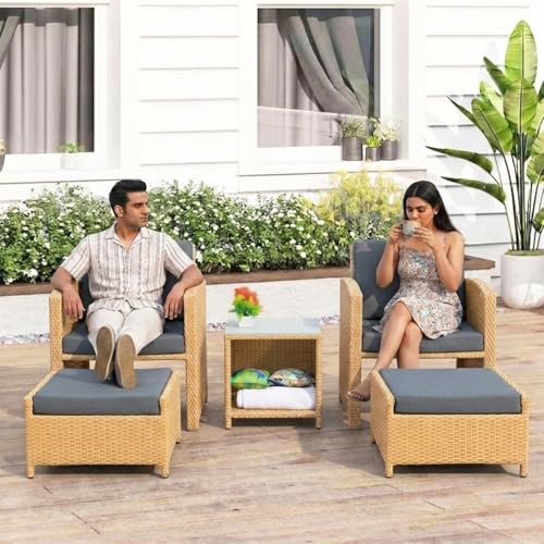 Image of DEVOKO Valencia Outdoor 5 Piece All Weather Rattan Wicker Patio Sofa Set with Water Resistant Cushioned Chairs with Glass Top Table & Ottomans for Garden, Pool, Porch, Backyard (Beige & Grey)