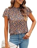 SimpleFun Floral Tops for Women Dressy Casual Mockneck Short Sleeve Ditsy Ruffle Loose Summer Blouse Shirts Black S