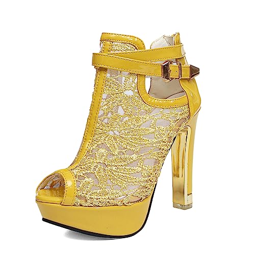 getmorebeauty Women's Pretty Lace Flowers Open Toes High Heels Ankle Boots(US 8,YELLOW)