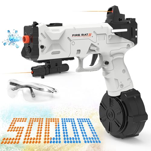 Gel Ball Blaster Pistol with Drum, Automatic & Manual Splatter Ball Blaster with 50000 Rounds and Goggles, Electric Gel Toys for Outdoor Shooting Team Game, Ages 14+ (White)