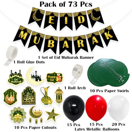 Image of Rozi Decoration Eid Mubarak Balloons Garland Decorations Set of - 73 Pcs with Banner, Swirls, Balloons, Arch & Glue Dot for Ramzan Decorations, Eid Decorations for Home