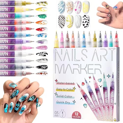 12 Colors 0.5mm Tip Nail Art Markers, Waterproof & Quick Dry Nail Pens for DIY Nail Art Designs, Easy to Use Solid Color Nail Painting Tools for All Skill Levels