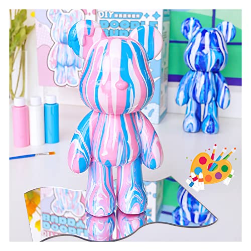 Coniuty DIY Marble Bear Painting Kit Drip Bear Painting Kit Multicolor Mix Paint Design for Home Decoration (Pink Fluid Bear)