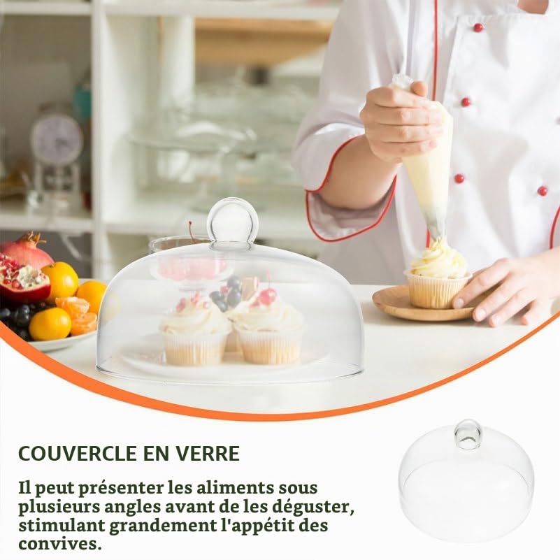 Mikikit Grande Cloche à Gâteau en Verre Transparent 16 cm - Dôme de Protection pour Pâtisseries, Fromages et Desserts - Couvercle Alimentaire avec Poignée Ronde - Nettoyage Facile