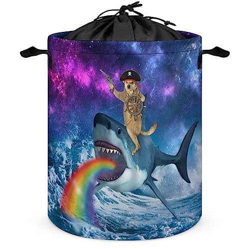 Funny Rudder Dog Foldable Waterproof Laundry Basket Cool Dog Riding Shark Fantasy Universe Galaxy Print for Dorm Family Travel One Size