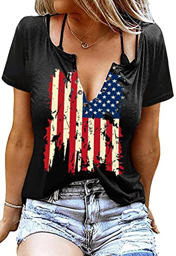 American Flag Shirt Tops Womens 4th of July T-Shirts Ring Hole Short Sleeve Sexy V-Neck Patriotic Tees