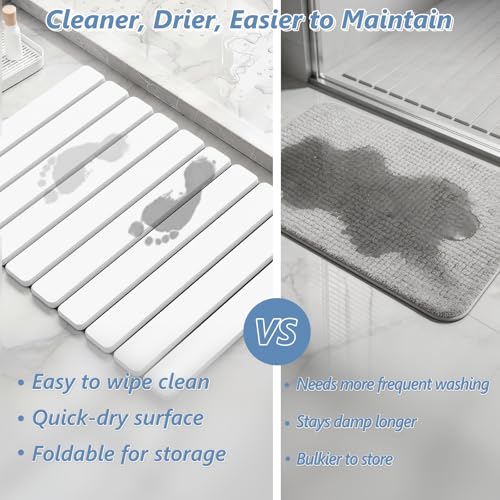 Image of AWW Foldable Stone Bath Mat, Diatomaceous, 23.6 inchx15.5 inch, White | Quick-dry surface, super absorbent design, easy-clean finish, non-slip mat included, and compact storage for small bathrooms