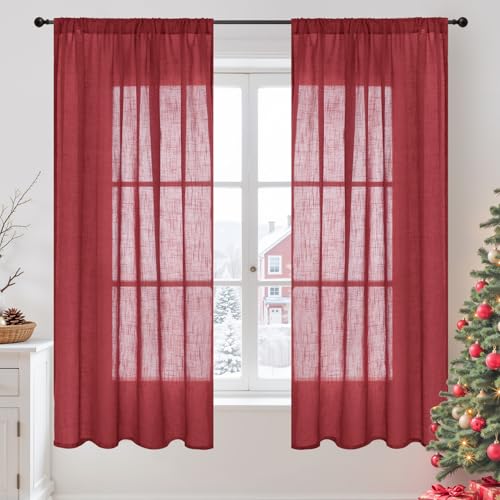 Image of BGment Burgundy Linen Curtains 63 Inches Long for Living Room, Semi Sheer Window Drapes Lightweight Rustic Country Textured with Rod Pocket for Dining Bedroom, 2 Panels, Each 42 Inch Wide