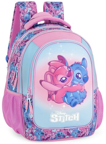 Clondo Mochila escolar primaria para niños 43 x 33 x 20 cm – Multibolsillos – Respaldo ergonómico, correas acolchadas, bolsillos porta botella, gran capacidad y diseño brillante, Stitch Light