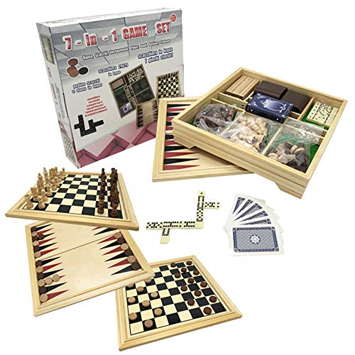 Deluxe 7 in 1 Board Game Set - Chess Set, Checkers, Backgammon, Dominoes, Playing Cards, Poker Dices and Cribbage - by KAILE