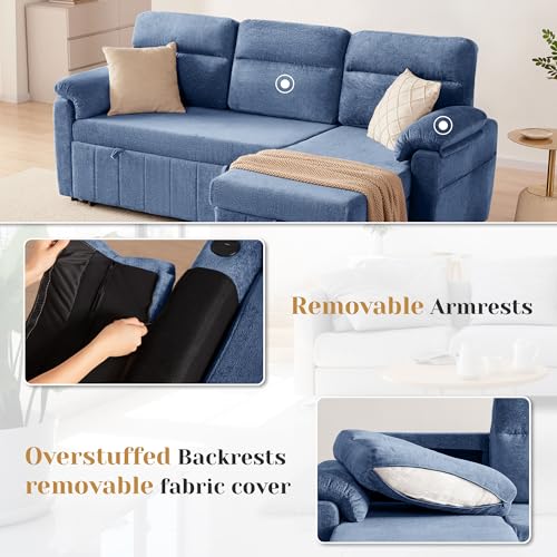 Tbfit 80" Sleeper Sofa Bed, 3 in 1 Cloud Pull Out Sofa Couch with USB & Storage Chaise, Chenille Convertible Sofa Bed with Pull Out Bed, Couches for Living Room, Apartment, Office, Blue - image 6