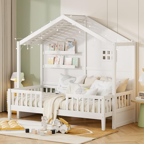Yestar Twin Size House Bed with Shelves & Window-Sparkling Led Light Strip On Roof, White Frame-Fun & Functional Kids Bed with Storage (1 Shelves)