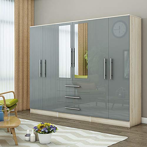 Unique Furnishings Gloss Grey Large Wardrobe - 6 Door 3 Drawers & Long Mirror - Image 5