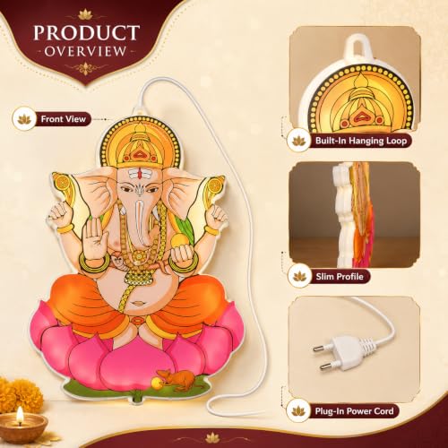 Image of One94Store Lord Ganesha LED Hanging Decoration | Colourful Ganpati Wall Hanging Light, Religious Festive Decor for Home, Temple, Door, Office, Diwali, Ganesh Chaturthi & Puja
