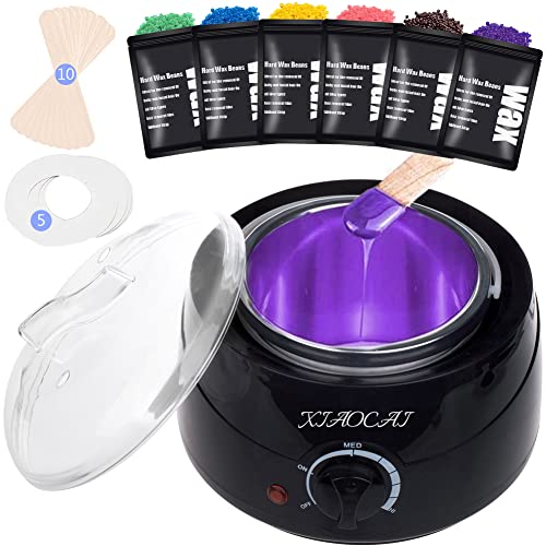 Waxing Kit Wax Warmer for Women Men Hair Removal with 6 Wax Beads, 10 Spatulas, 5 Protection Paper, At Home Wax Kit Painless for Body Hair Facial Eyebrows Armpit Hair