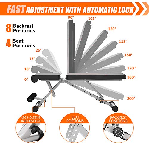 Weight Bench Adjustable Workout Bench for Home Gym Foldable Multi-Purpose Strength Training Benches, Flat/Incline/Decline Exercise Bench Press for Full Body Workout (Grey-orange)