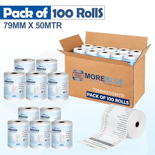 Image of MOREBLUE Direct Thermal Receipt Paper 79mm x 50m Pack of 100, High Quality POS Billing Rolls for Retail & Restaurants