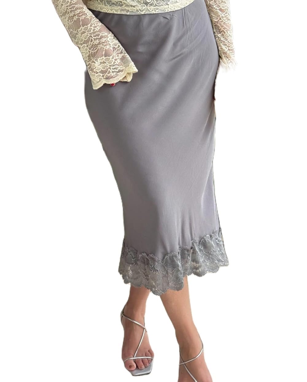 Faymlc Women Lace Trim Long Satin Skirt Silk Midi Slip Skirt Elegant Flowy A-Line Midi Skirts (Silky Gray, L)