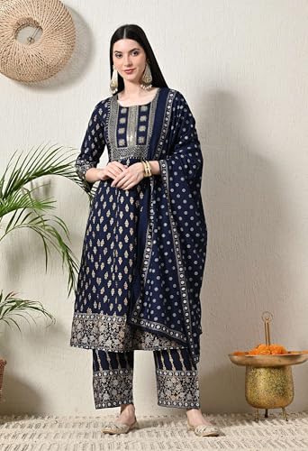 Image of Amazon Brand - Tavasya Women Rayon Straight Kurta Pant Dupatta Set | Embroidered Ethnic Suit Set | Regular Fit Kurta with Pant & Dupatta