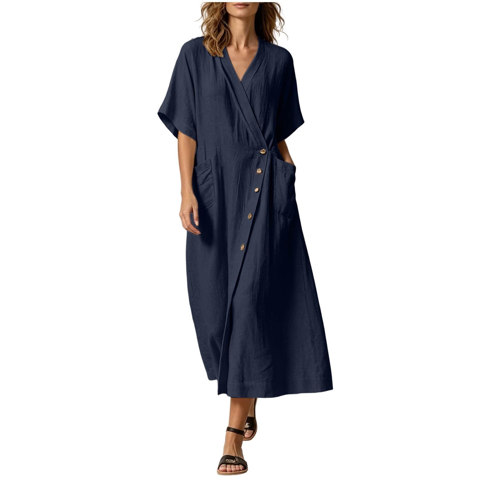 Vestido Casual De Mujer Con Diseño Cruzado Escote En V Botones Laterales Y