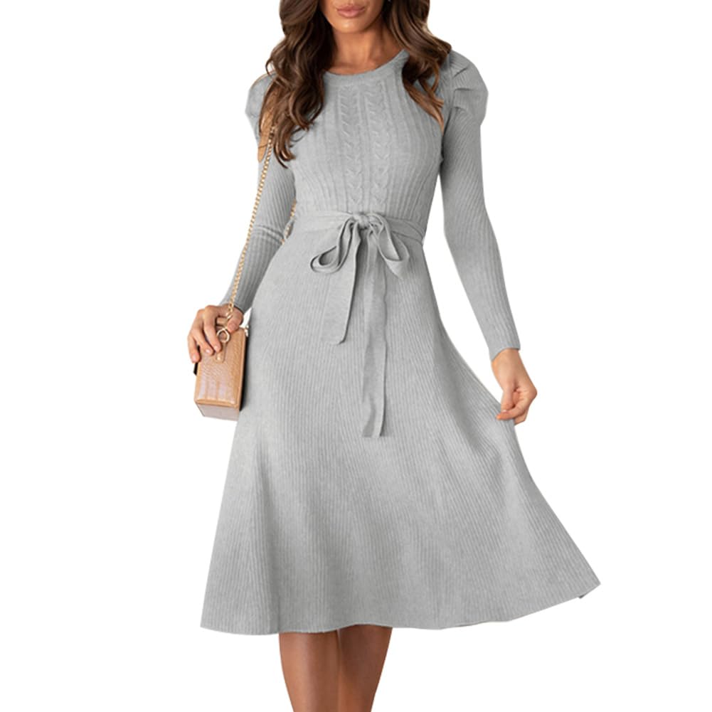 IDOPIP Femmes Automne Hiver Pull Robe Chandail Manches Longues Élégante Tricot Col Rond Midi Robe