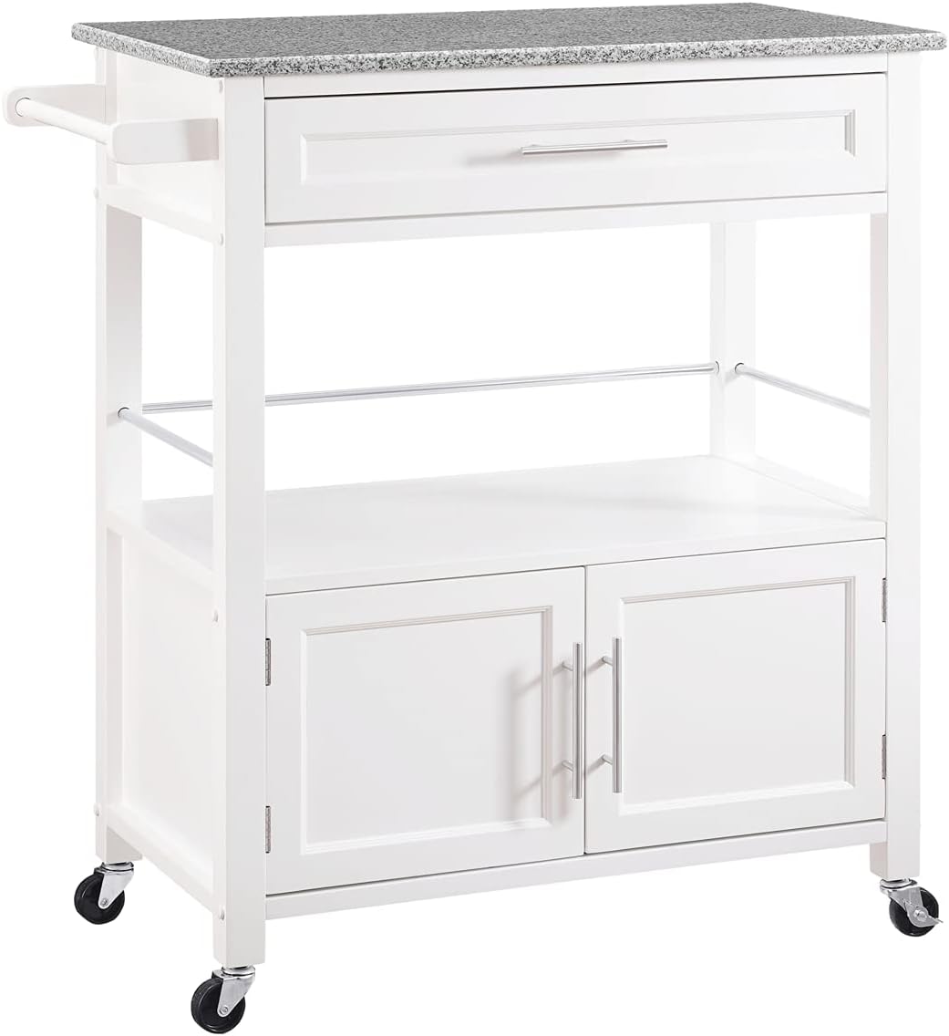 Linon Cameron Wood Granite Top Rolling Kitchen Cart Ample Storage in White