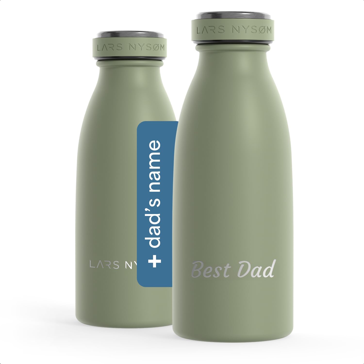 LARS NYSØM Personalised Stainless Steel Water Bottle 350ml, 500ml, 750ml, 1L, 1.5L | Insulated Bottle Suitable for Carbonated Drinks with Engraving | Bottle as Gift with Name (Sage Green, 350ml) — image 1