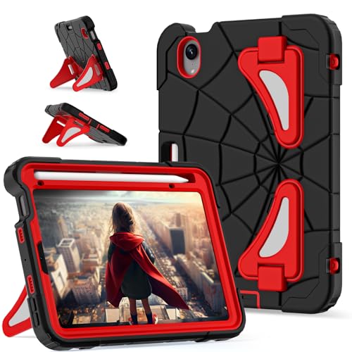 Image of Kids Case for iPad Mini 7 A17 Pro 2024 / Mini 6 8.3 inch, Spider Case for iPad Mini 7th 6th Generation, Shockproof Durable Full Protective Cover with Pencil Holder, Kickstand (Black+Red)