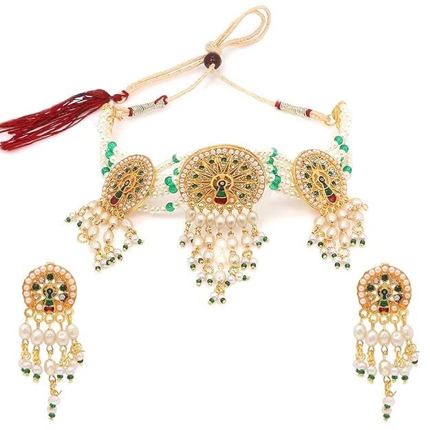 PRIMERIEA Elegant Stylish Traditional Party & Casual Wear Gold Plated Stone Studded Off White Pearl Beaded Meenakari Peacock Style Necklace Set with Earrings(Green) (B0CP3SSJ86) Amazon Price History, Amazon Price Tracker