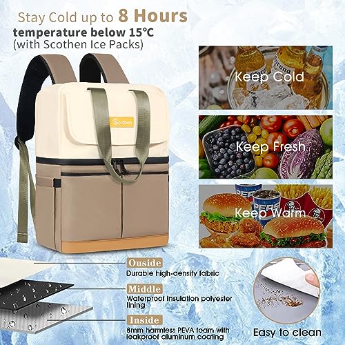 Image of Scothen Backpack Cooler with Double Decker & 12 Ice Packs- Keeps 36 Cans Cold for Up to 24 Hours- Waterproof & Leak Proof Insulated Cooler Backpack- Stylish Cooler Bookbag for Women Travel Work Beach