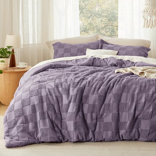 Image of Bedsure King Size Comforter Set Grayish Purple, Boho Tufted Bed Set, Checkered Farmhouse-Style Distressed Vintage Bedding, 3 Pieces, 1 Plaid Geometric Comforter and 2 Pillow Shams