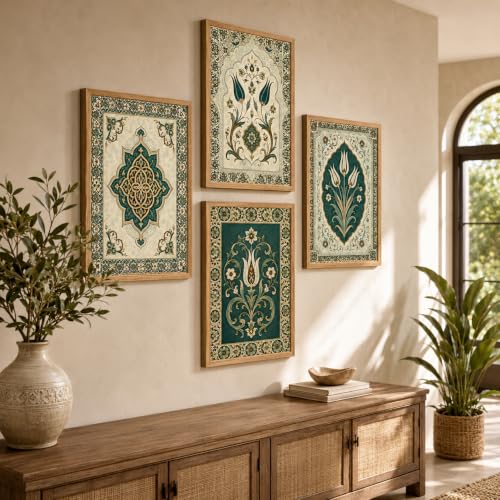 Image of Livin'luxe Set of 4 Ottoman Tulip Floral Wall Paintings with Sparkle Laminate and Premium Wooden Synthetic Frame for Living Room Bedroom Office Decor (13.5 x 19.5 Inch)